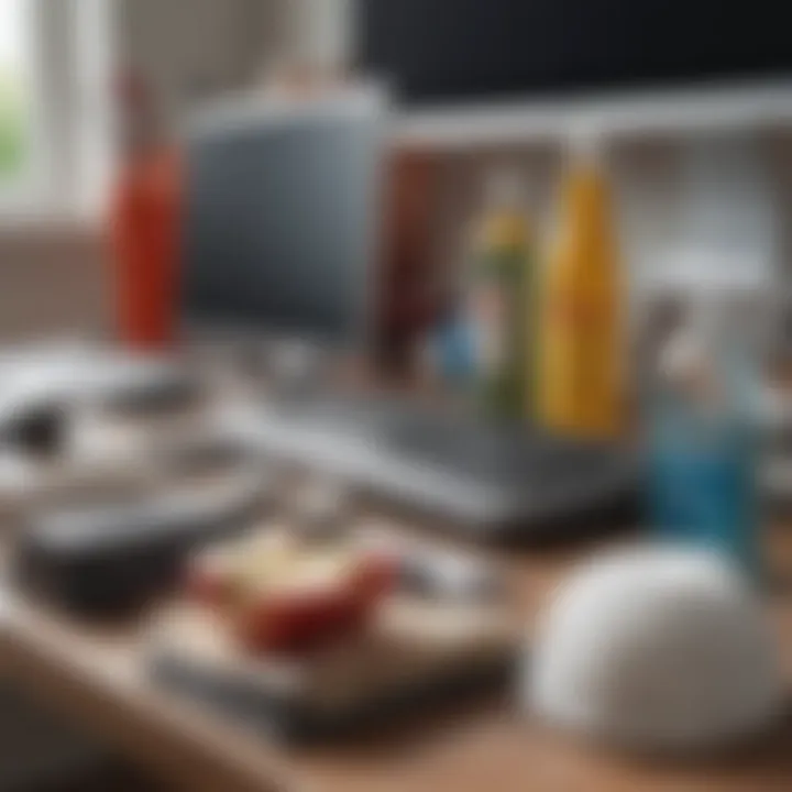 Various cleaning supplies arranged neatly on a desk for computer maintenance