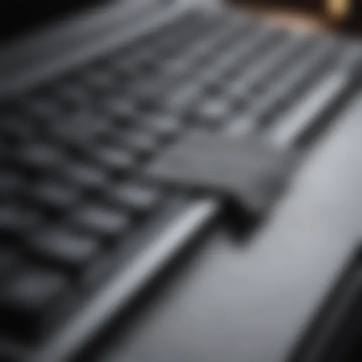 Close-up of a MacBook keyboard being cleaned with a microfiber cloth