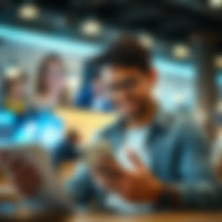 Happy consumer reviewing refurbished iPhone specifications online