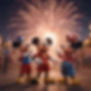 Disney characters celebrating with fireworks