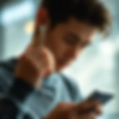 Seamless Integration with Apple Devices User adjusting earbuds while using an Apple device