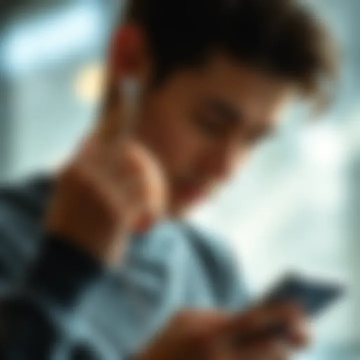 Seamless Integration with Apple Devices User adjusting earbuds while using an Apple device