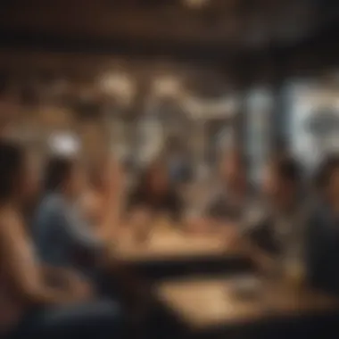 A group of diverse individuals engaging in conversation at a modern cafe