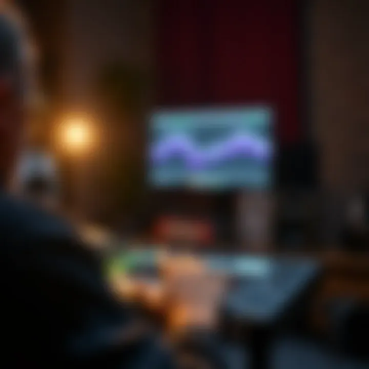 User interacting with an Apple audio interface in a studio setup