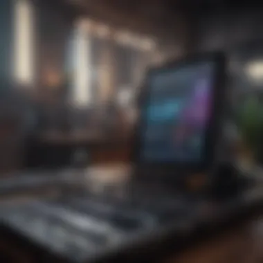 Creative Sound Manipulation with iPad and Modular Synth An artist creatively manipulating sounds using an iPad and a modular synth, with lights and cables in the background.