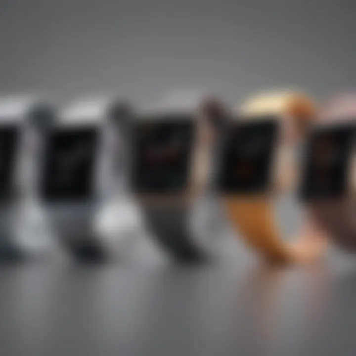 Artistic representation of the Apple Watch Series 7 displaying multiple titanium colors side by side