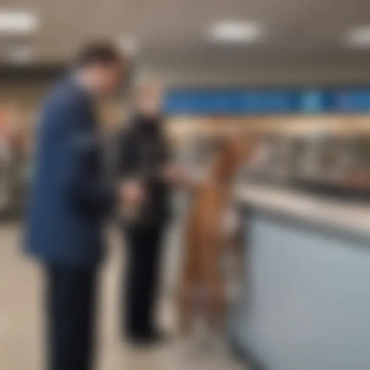 A Greyhound representative assisting a passenger at the counter