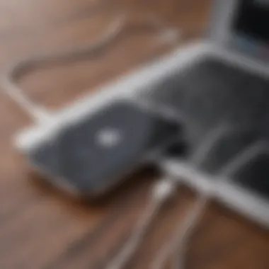 Close-up of iPhone being connected to MacBook with a cable