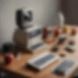 An array of vintage Apple products on a sleek table, showcasing their iconic design.