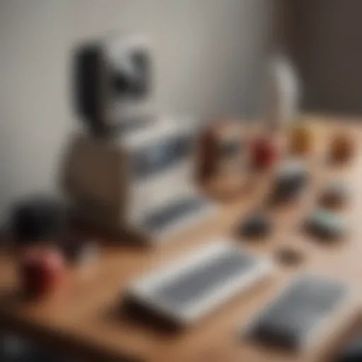 An array of vintage Apple products on a sleek table, showcasing their iconic design.