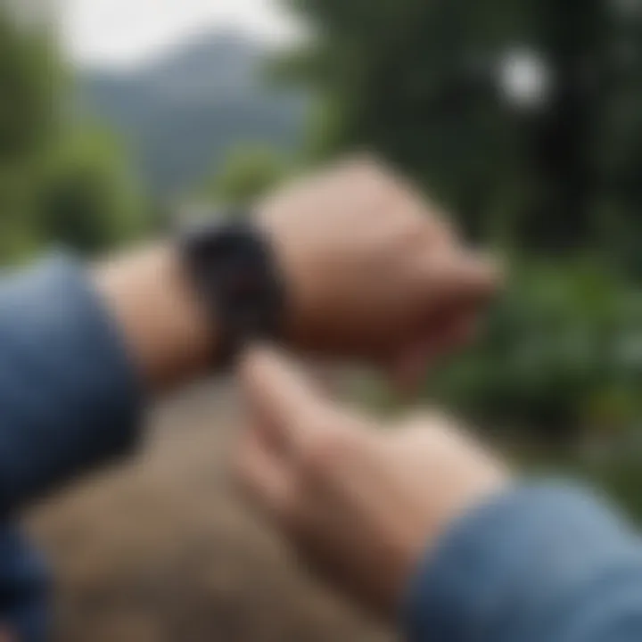 An Apple Watch displaying health tracking metrics in an outdoor setting.