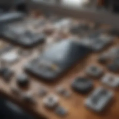 A collection of used iPhone parts organized on a workbench.