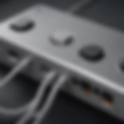 Close-up of the Apple MacBook Pro adapter hub showcasing ports