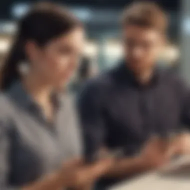 Customer Engagement in Retail Customer service representatives engaging with a client regarding iPhone features.