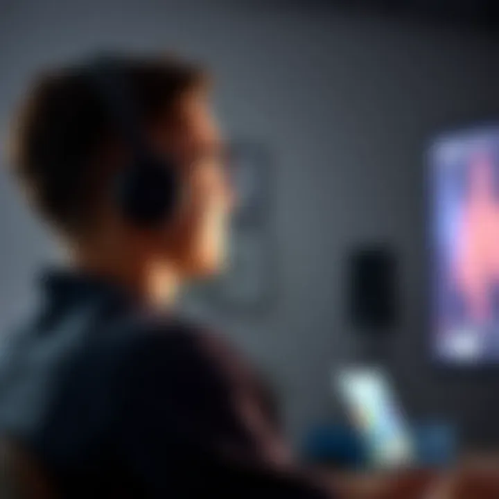 User enjoying music through high-fidelity headphones connected to an Apple device.